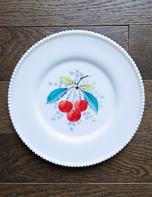 Vintage Hand-Painted Milk Glass Serving Plate Cherries