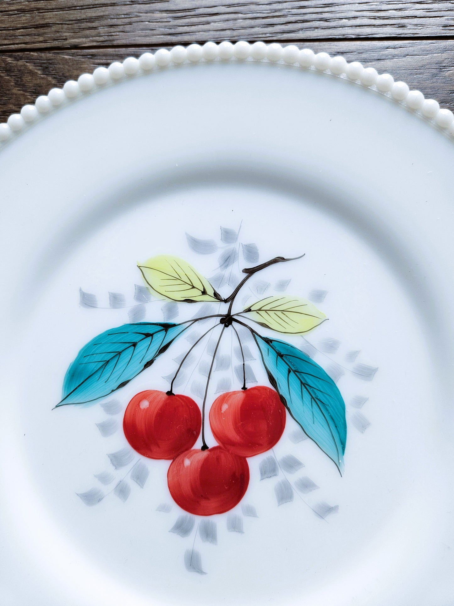 Vintage Hand-Painted Milk Glass Serving Plate Cherries