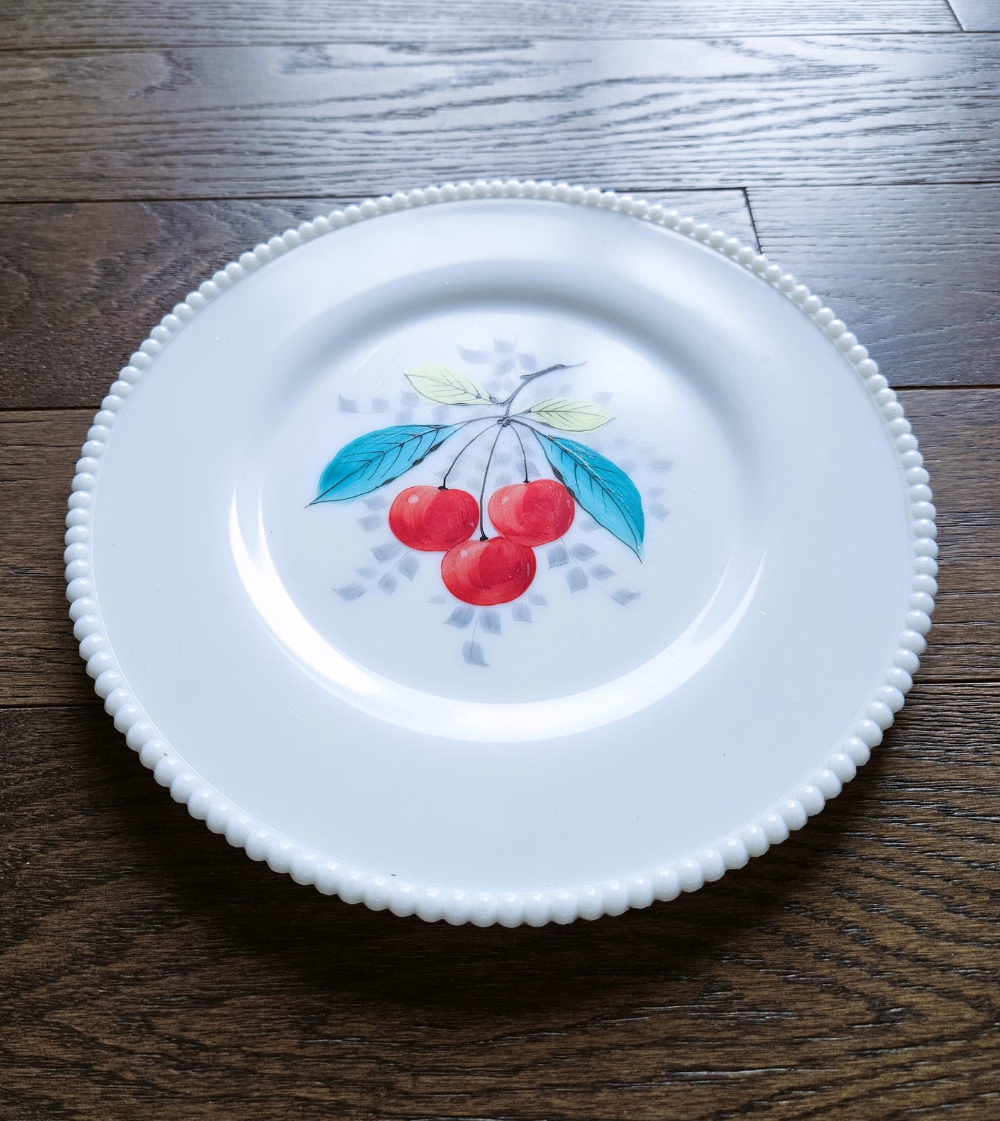 Vintage Hand-Painted Milk Glass Serving Plate Cherries