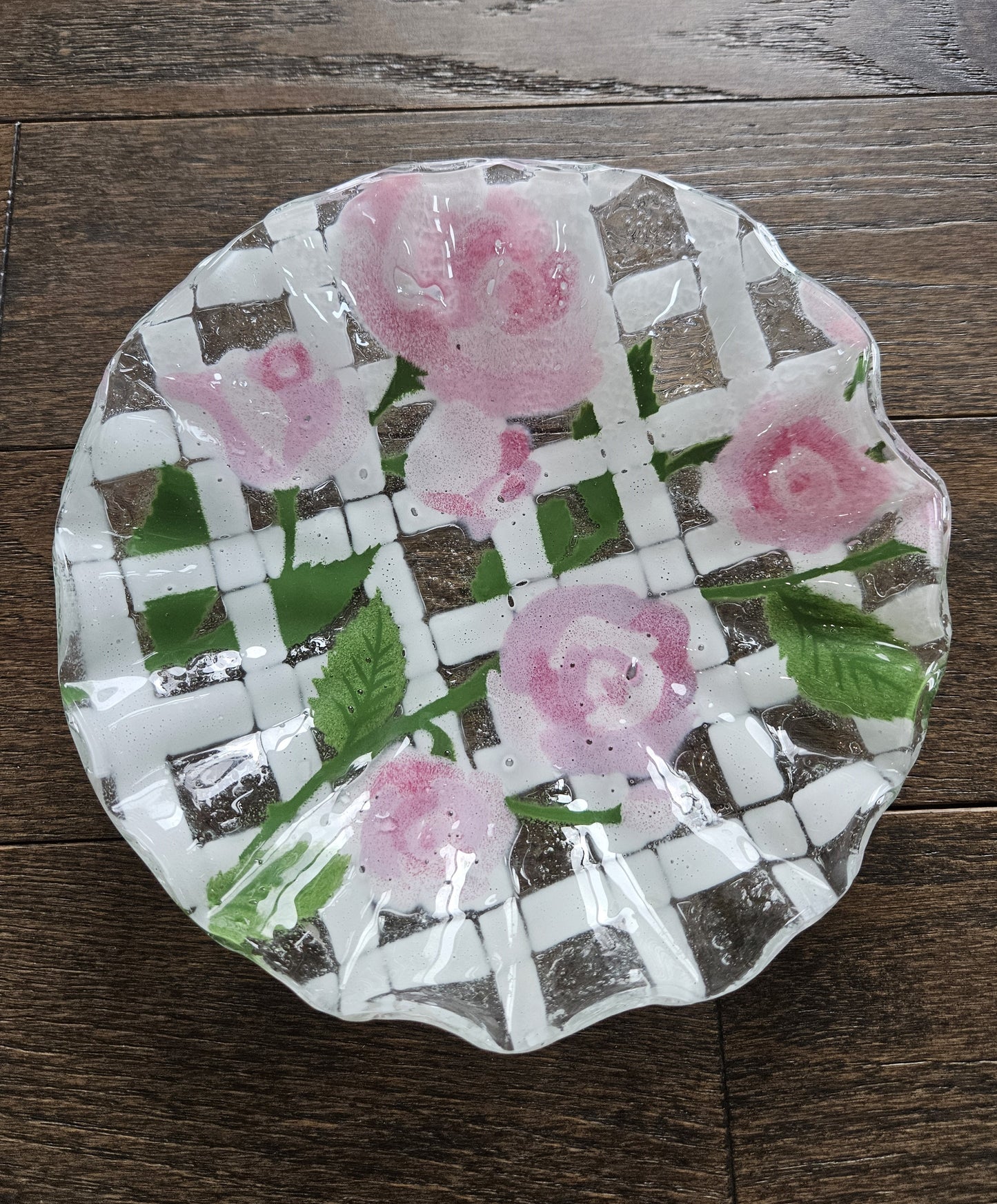 Anne C. Ross Fused Art Glass Candy Dish Signed Roses Hand Made