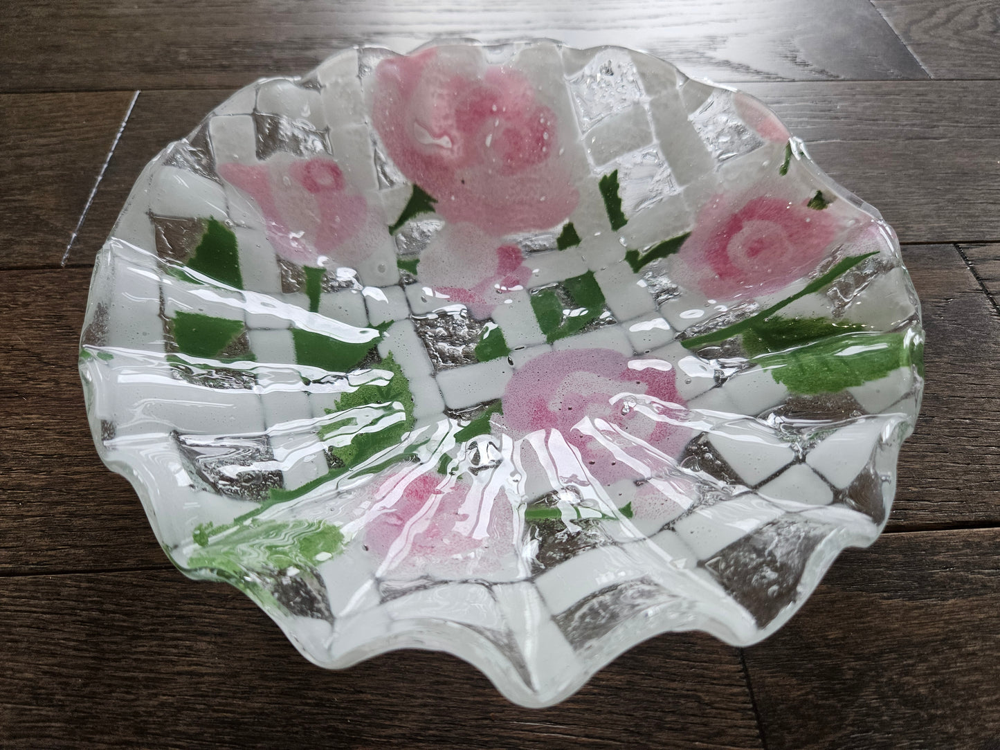 Anne C. Ross Fused Art Glass Candy Dish Signed Roses Hand Made