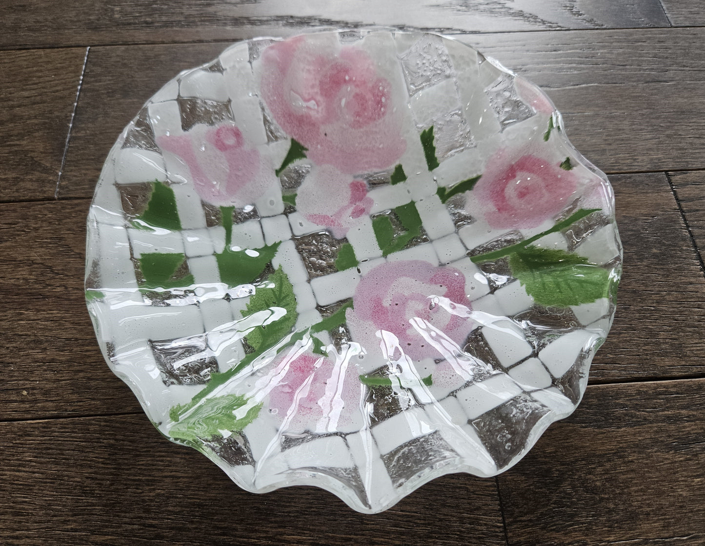 Anne C. Ross Fused Art Glass Candy Dish Signed Roses Hand Made