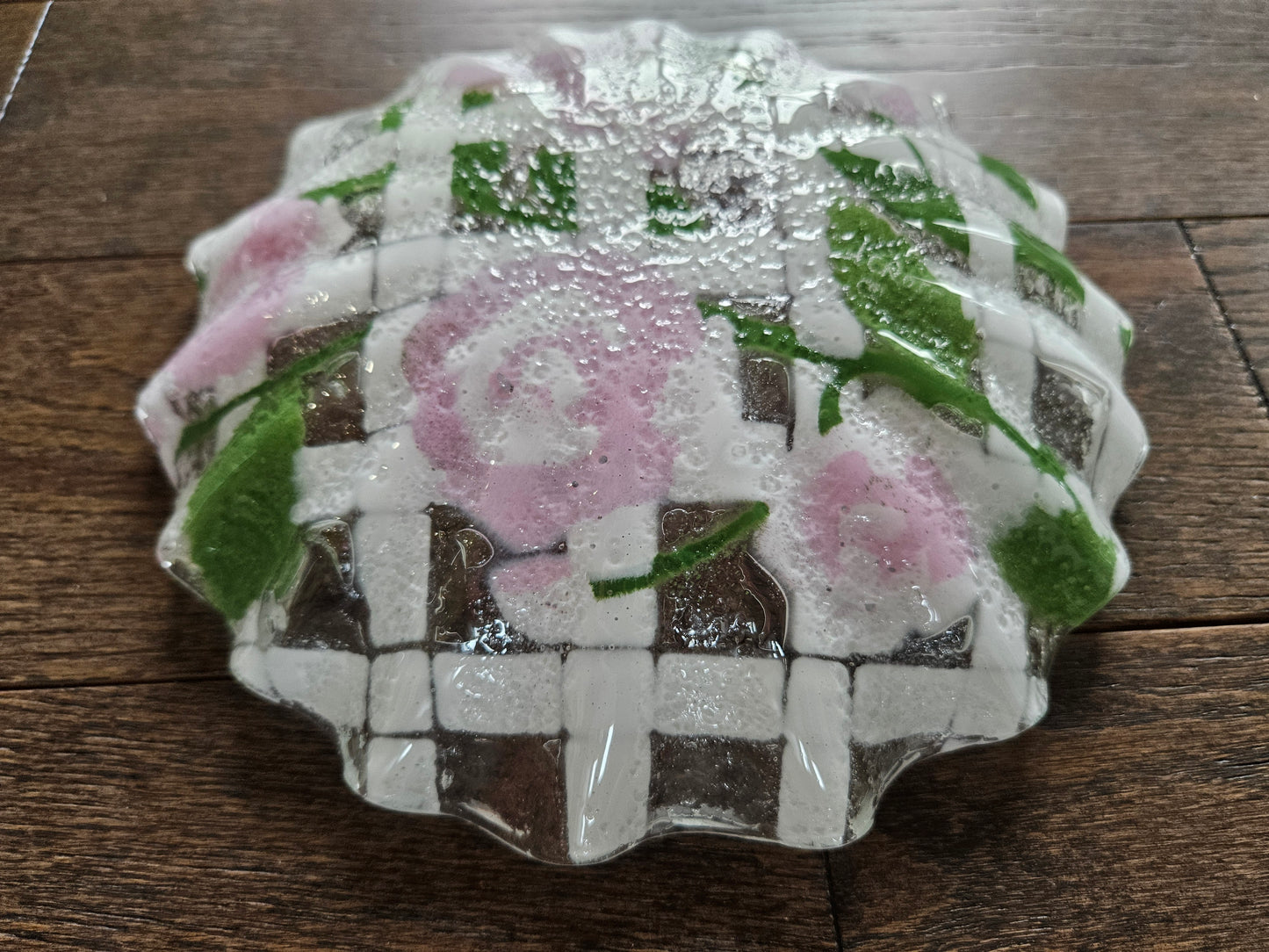 Anne C. Ross Fused Art Glass Candy Dish Signed Roses Hand Made