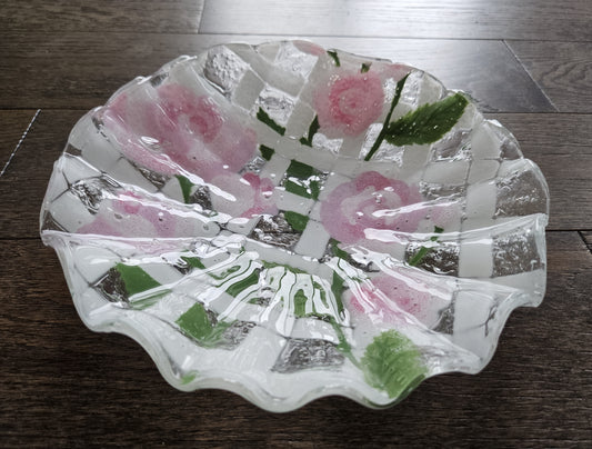 Anne C. Ross Fused Art Glass Candy Dish Signed Roses Hand Made