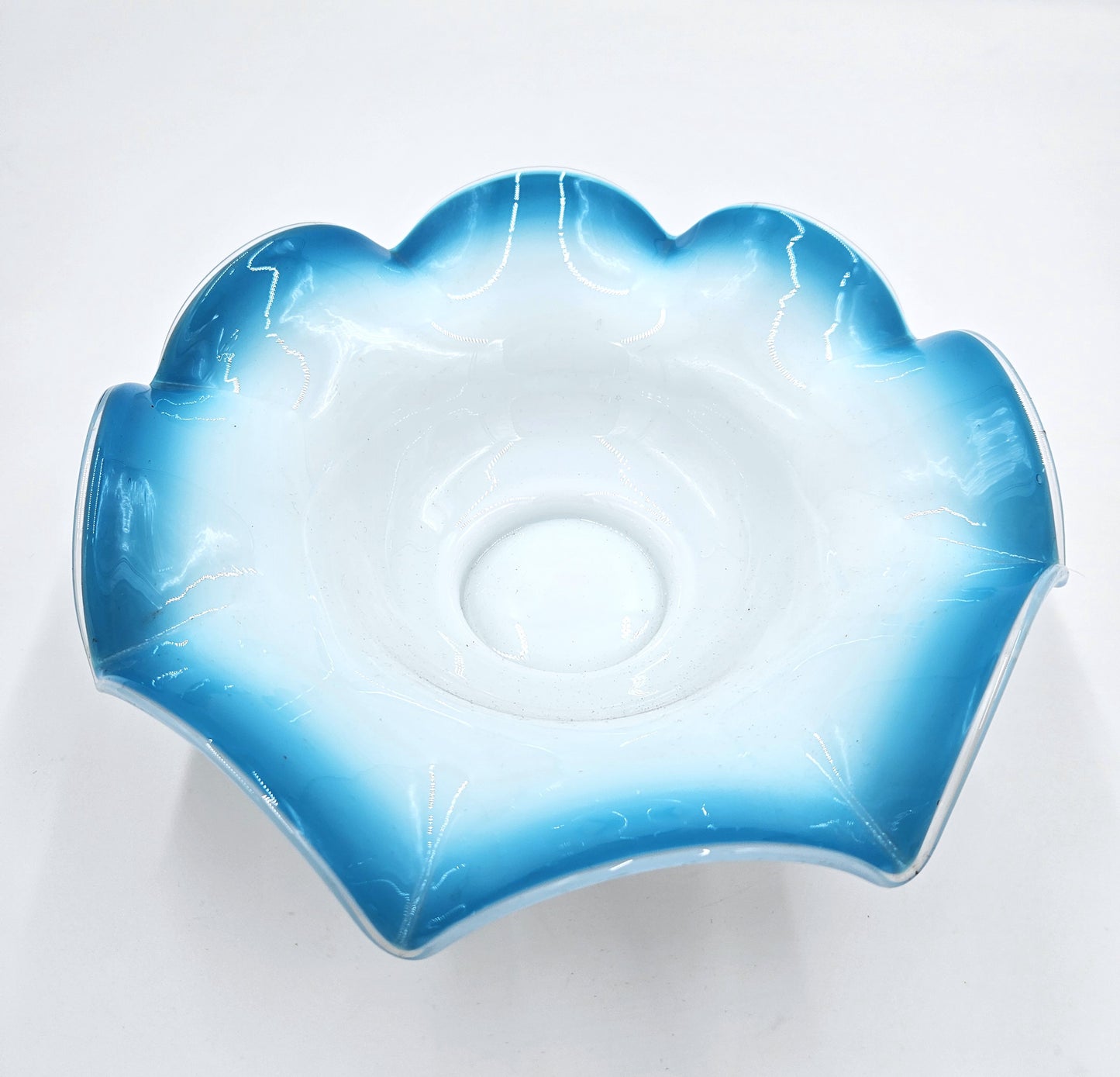 Antique Blown White and Blue Glass Ruffled Bowl Centerpiece Late 1800's