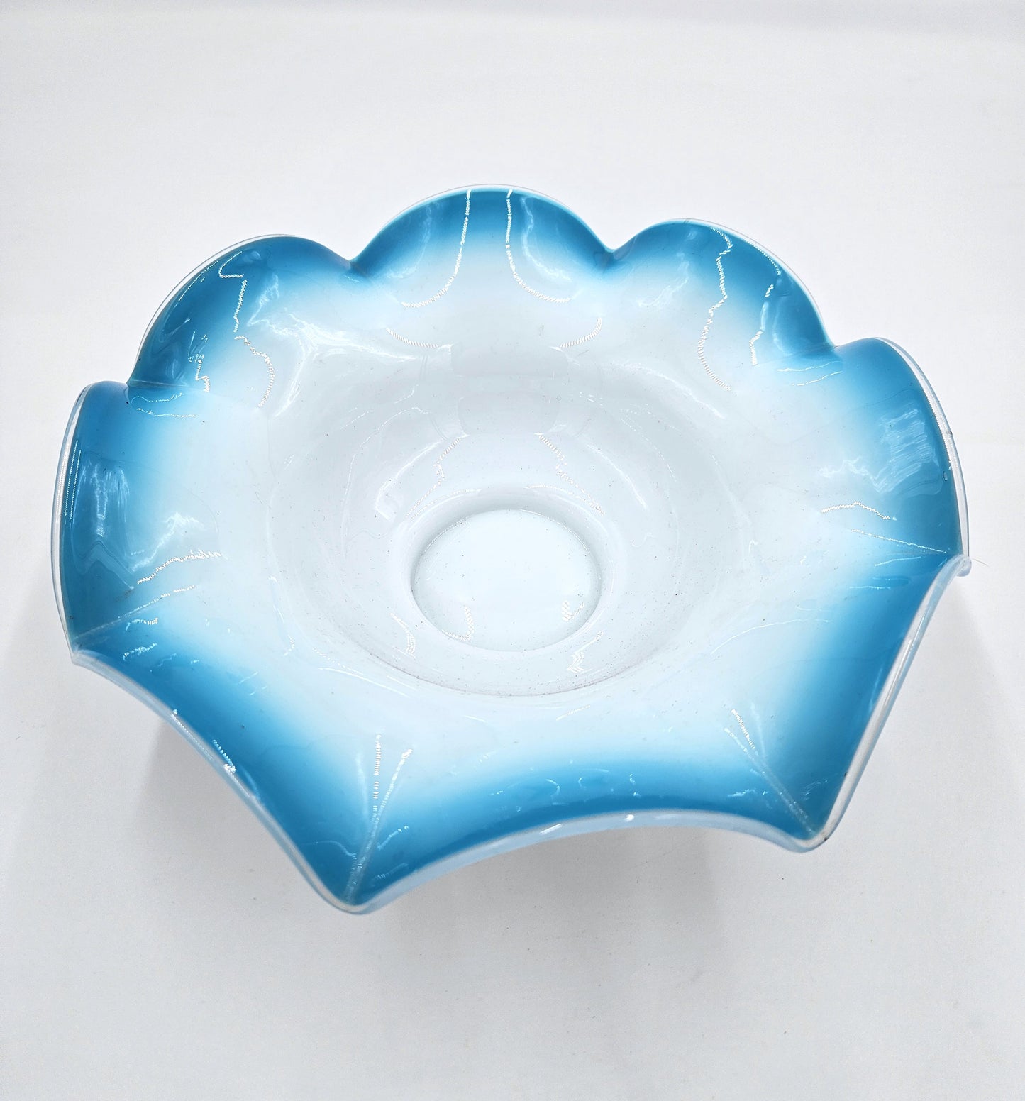 Antique Blown White and Blue Glass Ruffled Bowl Centerpiece Late 1800's