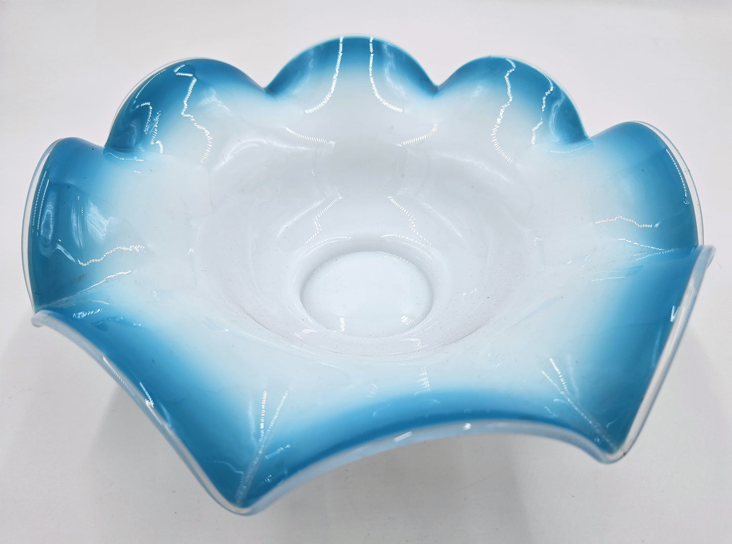 Antique Blown White and Blue Glass Ruffled Bowl Centerpiece Late 1800's