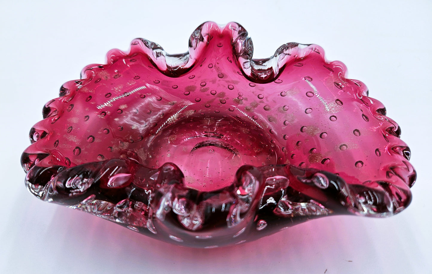 Murano Italy Cranberry Glass Bowl Blown Hand Made With Bullicante Controlled Bubbles And Gold Flecks