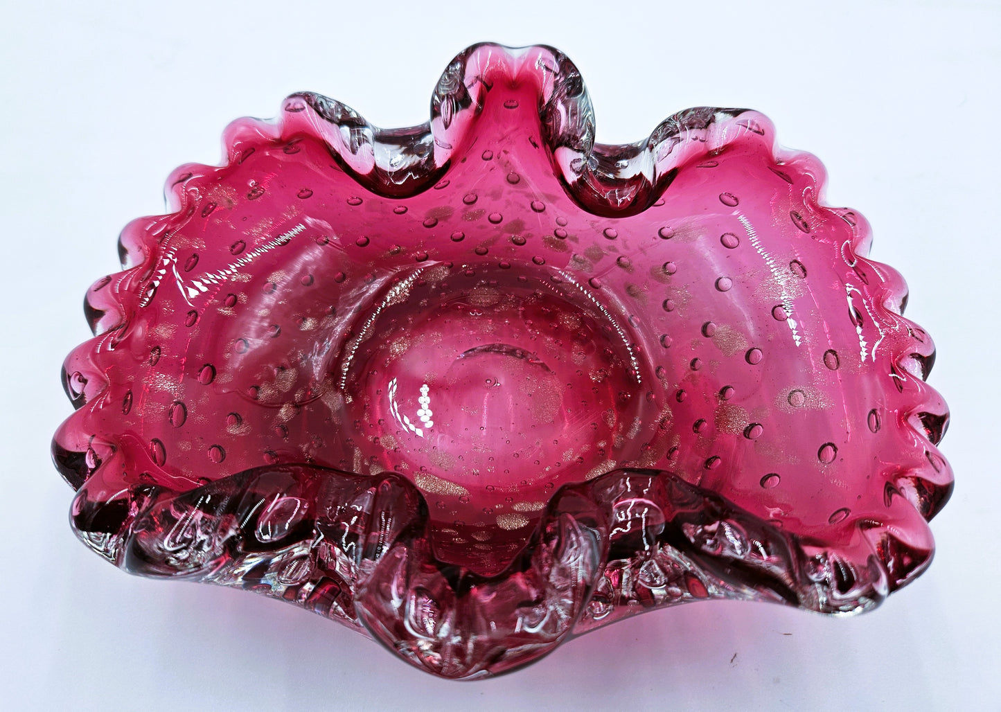 Murano Italy Cranberry Glass Bowl Blown Hand Made With Bullicante Controlled Bubbles And Gold Flecks