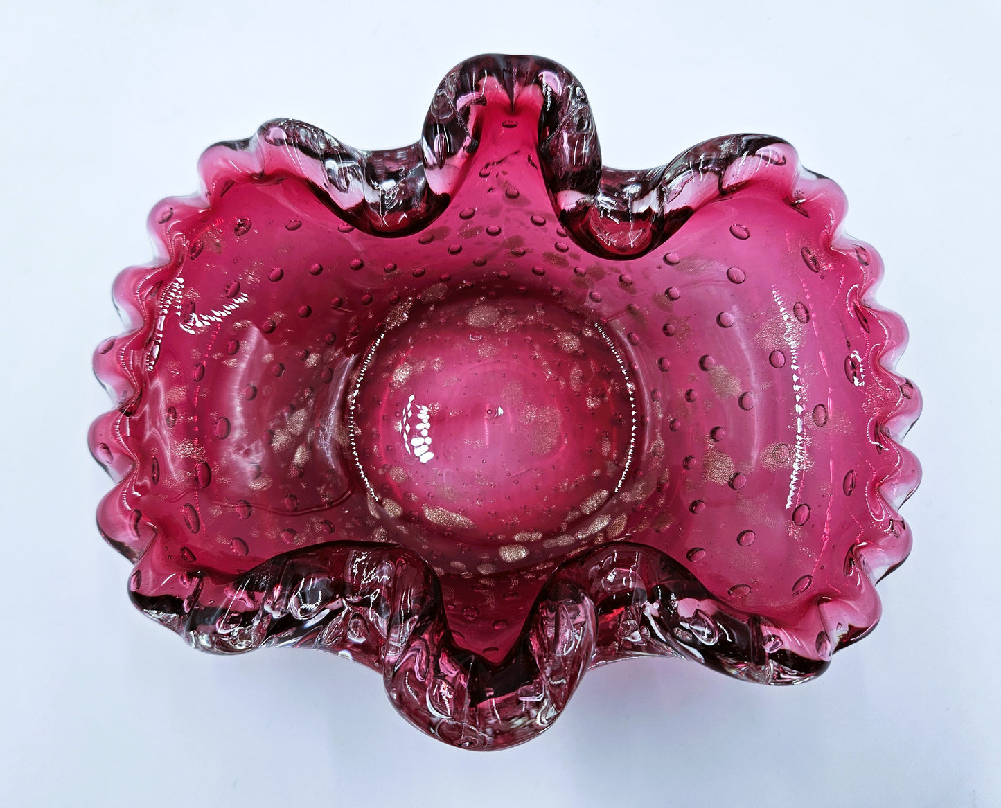 Murano Italy Cranberry Glass Bowl Blown Hand Made With Bullicante Controlled Bubbles And Gold Flecks