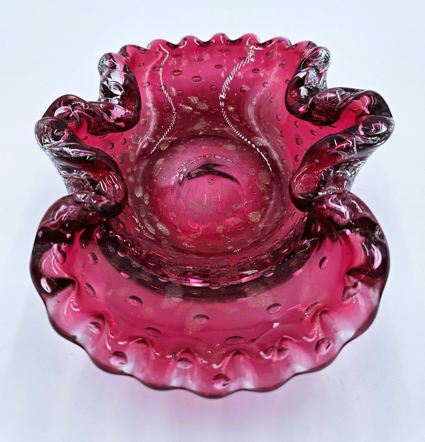 Murano Italy Cranberry Glass Bowl Blown Hand Made With Bullicante Controlled Bubbles And Gold Flecks