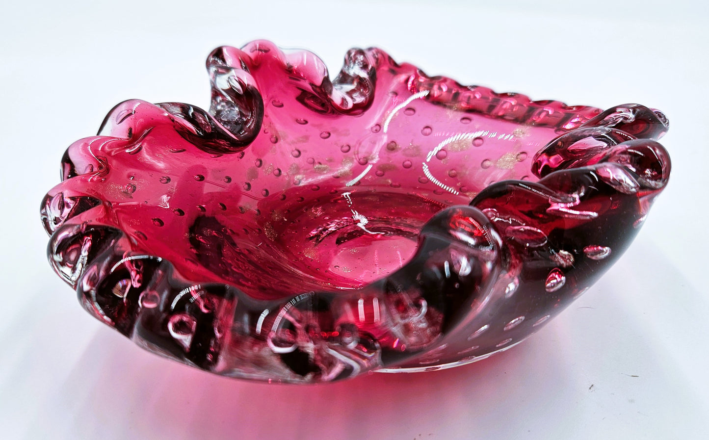 Murano Italy Cranberry Glass Bowl Blown Hand Made With Bullicante Controlled Bubbles And Gold Flecks