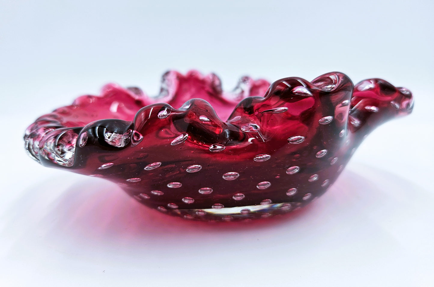 Murano Italy Cranberry Glass Bowl Blown Hand Made With Bullicante Controlled Bubbles And Gold Flecks