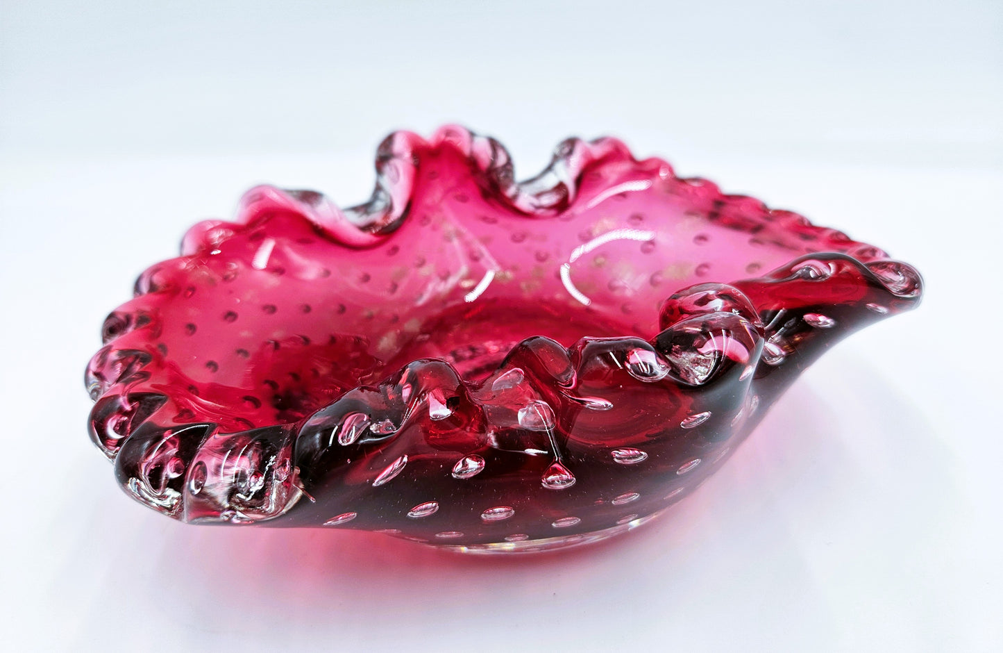 Murano Italy Cranberry Glass Bowl Blown Hand Made With Bullicante Controlled Bubbles And Gold Flecks