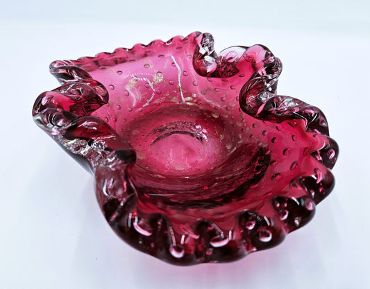 Murano Italy Cranberry Glass Bowl Blown Hand Made With Bullicante Controlled Bubbles And Gold Flecks