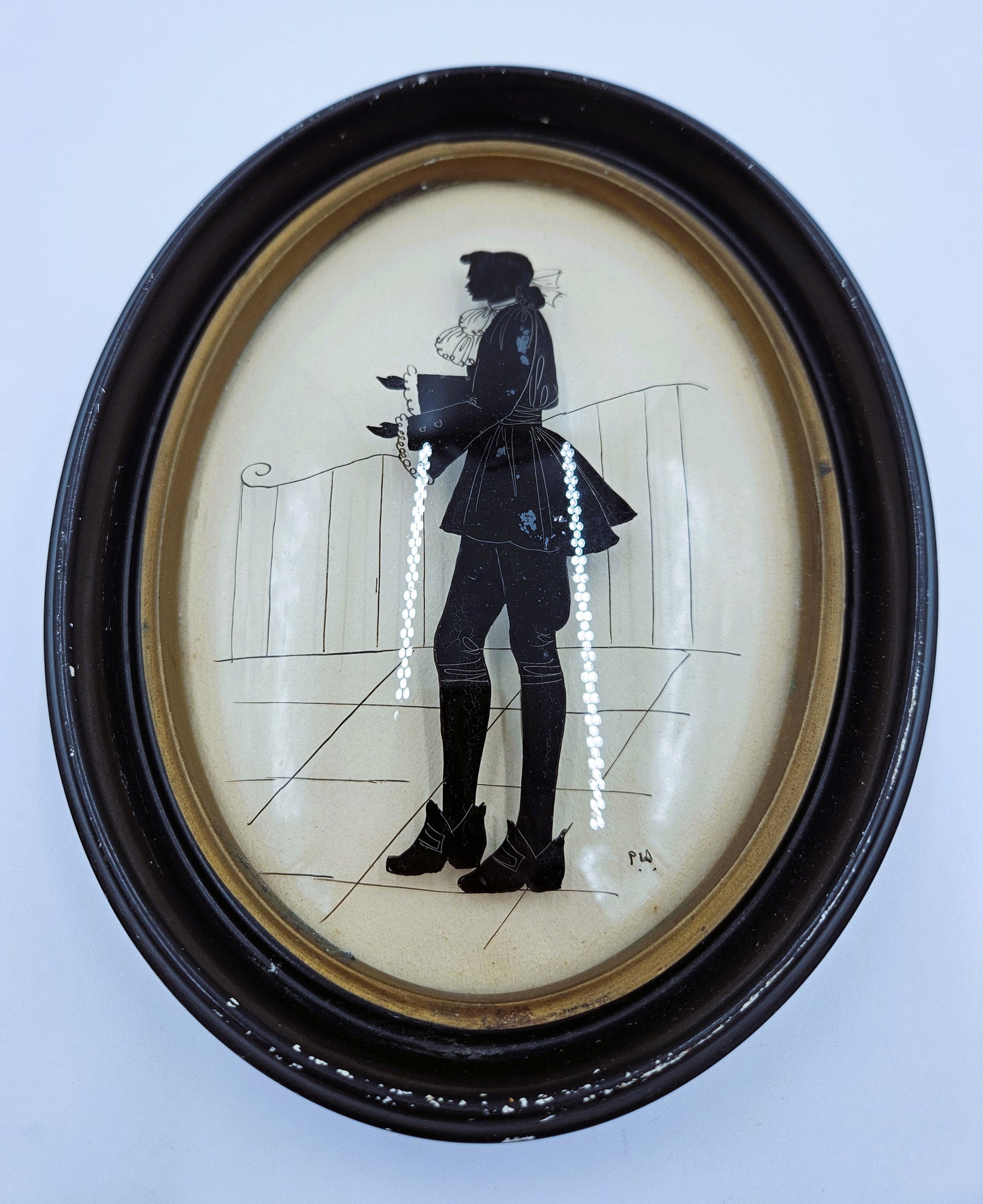 Vintage Oval Framed Reverse Painted Silhouette Art Work By Peter Watson 1930's/1940's