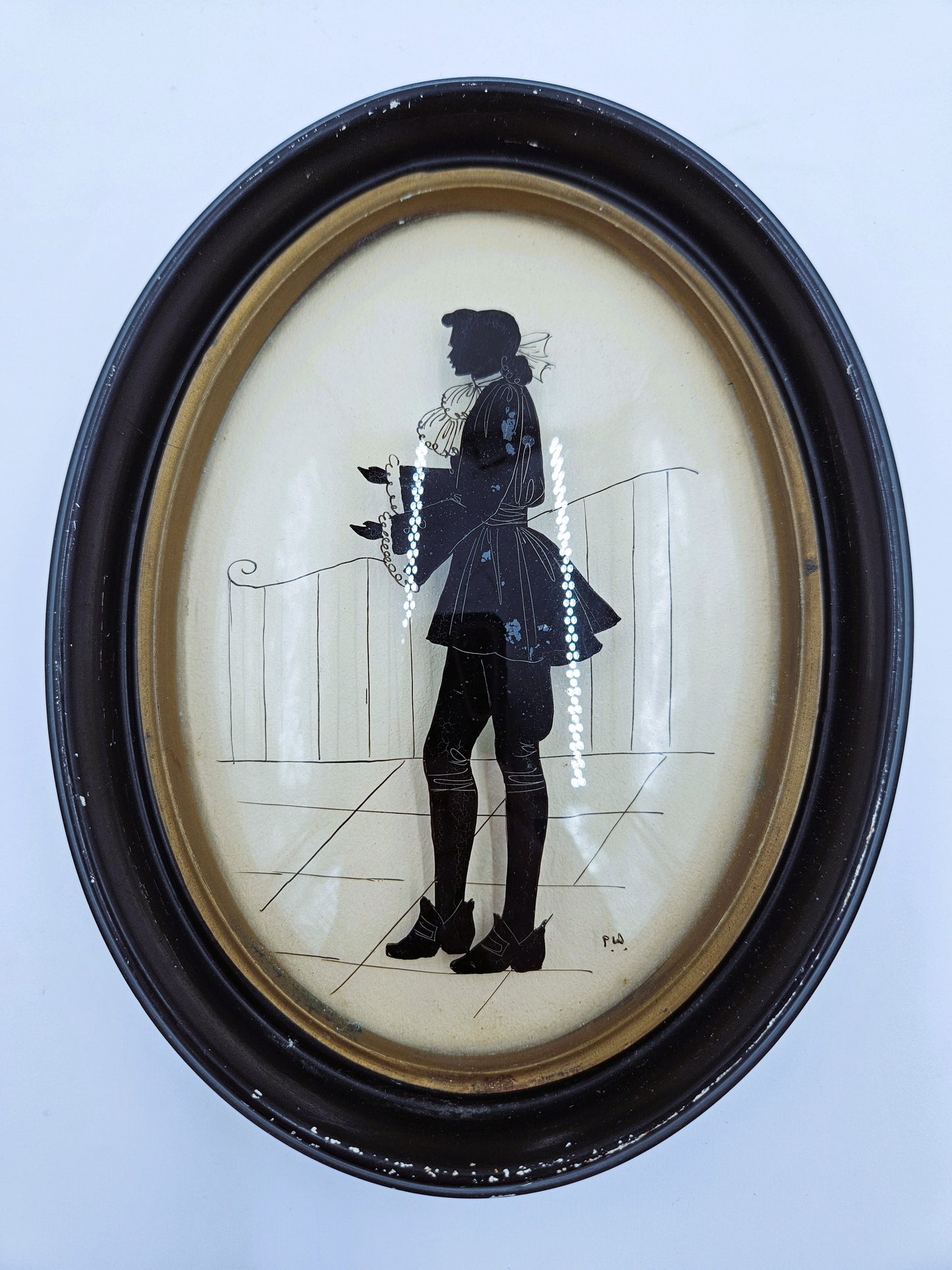 Vintage Oval Framed Reverse Painted Silhouette Art Work By Peter Watson 1930's/1940's