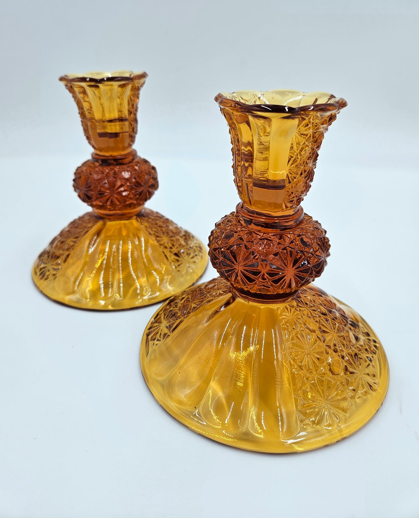 Vintage Fenton Amber Glass Candlestick Holders 2 Button And Daisy