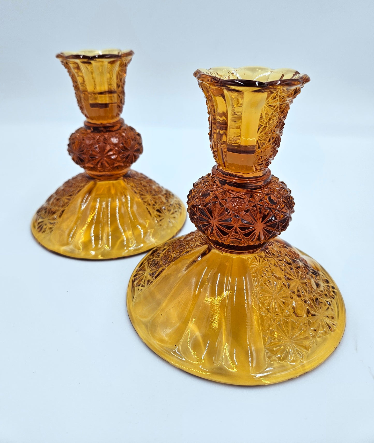 Vintage Fenton Amber Glass Candlestick Holders 2 Button And Daisy