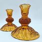 Vintage Fenton Amber Glass Candlestick Holders 2 Button And Daisy