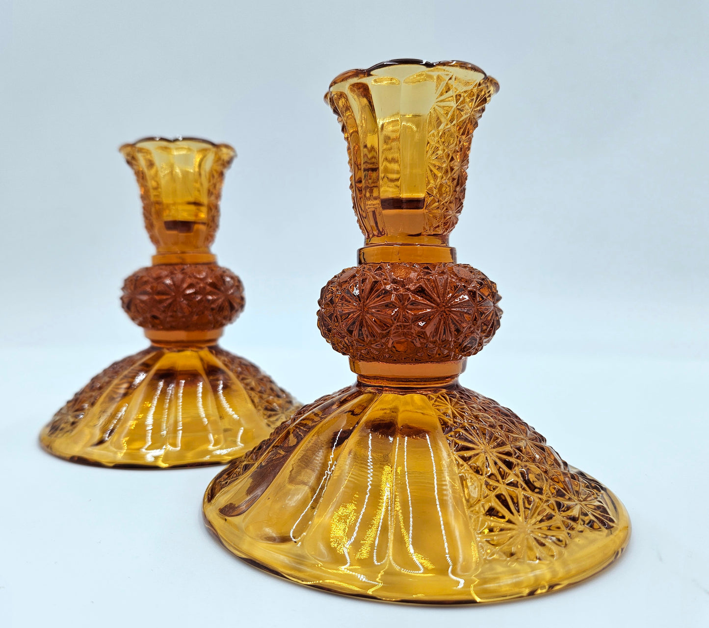 Vintage Fenton Amber Glass Candlestick Holders 2 Button And Daisy