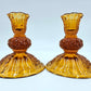 Vintage Fenton Amber Glass Candlestick Holders 2 Button And Daisy