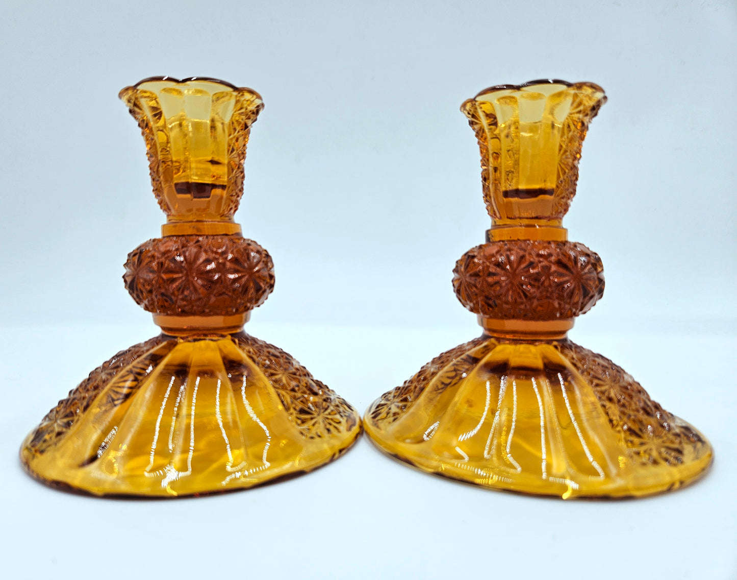 Vintage Fenton Amber Glass Candlestick Holders 2 Button And Daisy