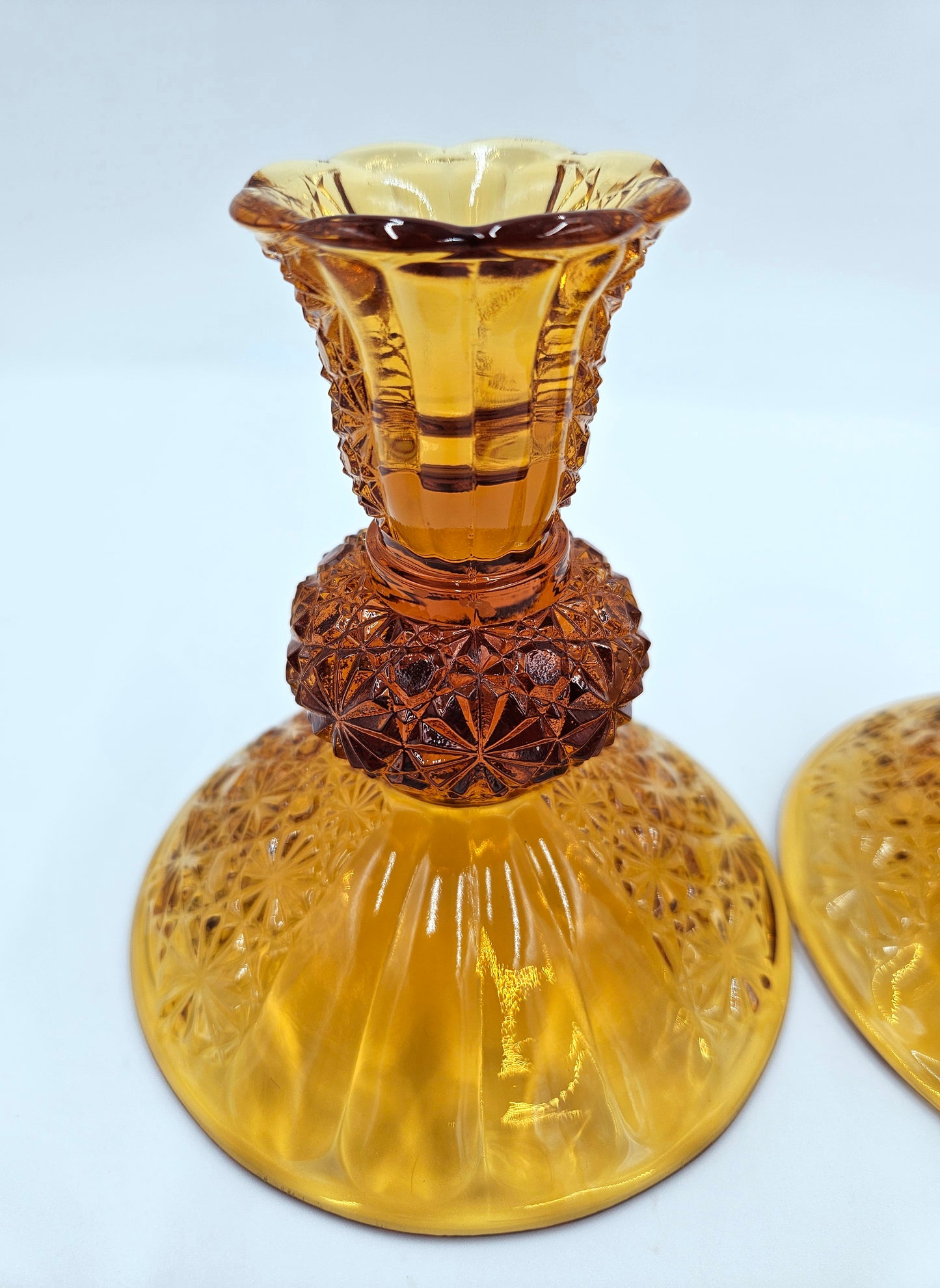 Vintage Fenton Amber Glass Candlestick Holders 2 Button And Daisy