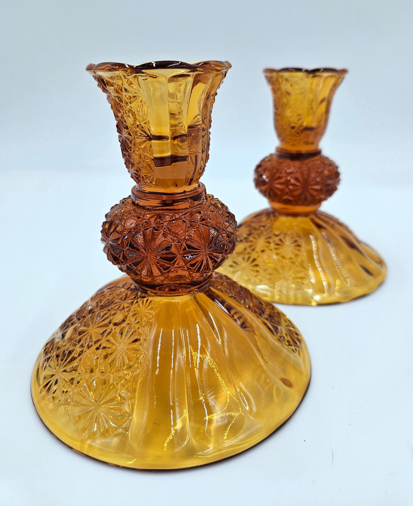 Vintage Fenton Amber Glass Candlestick Holders 2 Button And Daisy