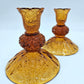 Vintage Fenton Amber Glass Candlestick Holders 2 Button And Daisy