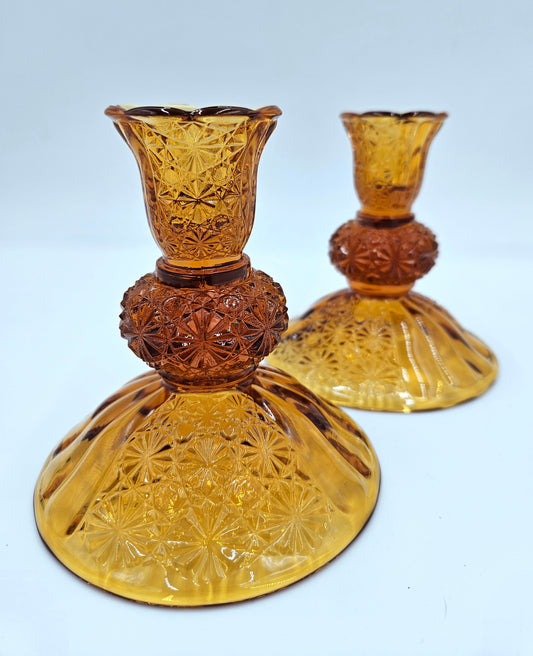 Vintage Fenton Amber Glass Candlestick Holders 2 Button And Daisy