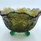 Vintage / Antique Green Carnival Glass Footed Bowl Vine And Leaf Design