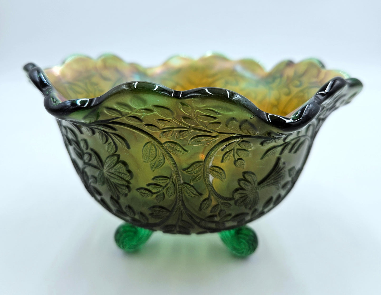 Vintage / Antique Green Carnival Glass Footed Bowl Vine And Leaf Design