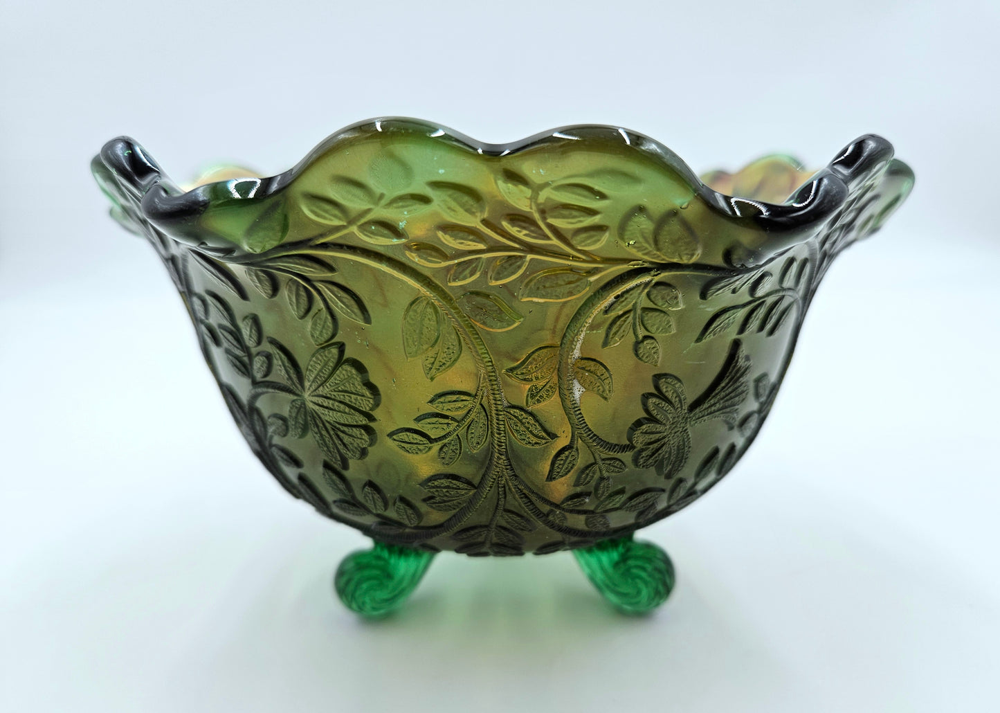 Vintage / Antique Green Carnival Glass Footed Bowl Vine And Leaf Design