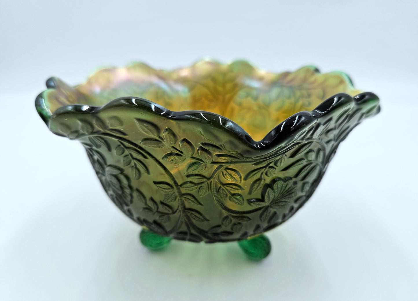 Vintage / Antique Green Carnival Glass Footed Bowl Vine And Leaf Design