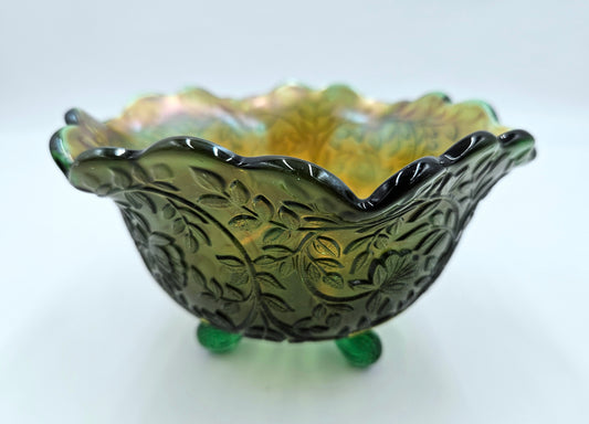 Vintage / Antique Green Carnival Glass Footed Bowl Vine And Leaf Design