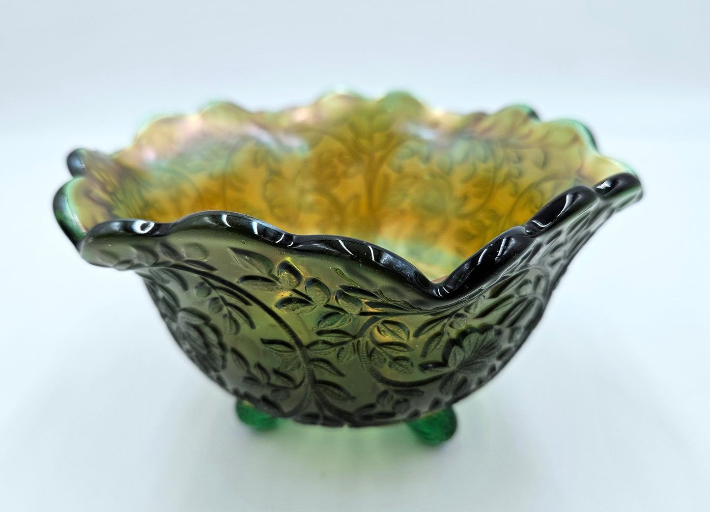 Vintage / Antique Green Carnival Glass Footed Bowl Vine And Leaf Design