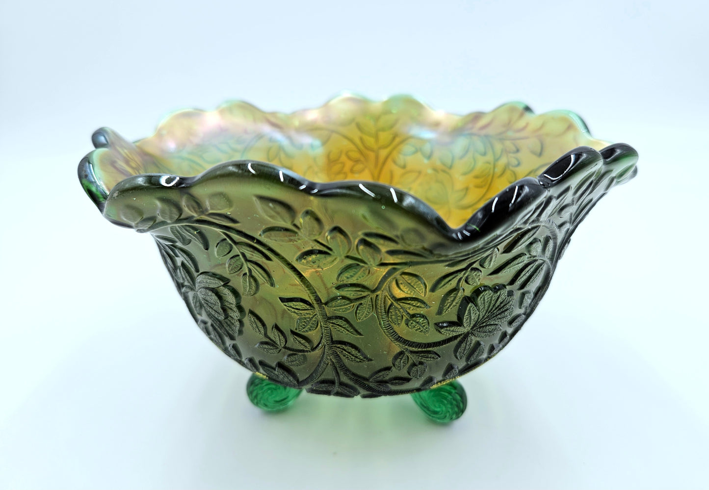 Vintage / Antique Green Carnival Glass Footed Bowl Vine And Leaf Design