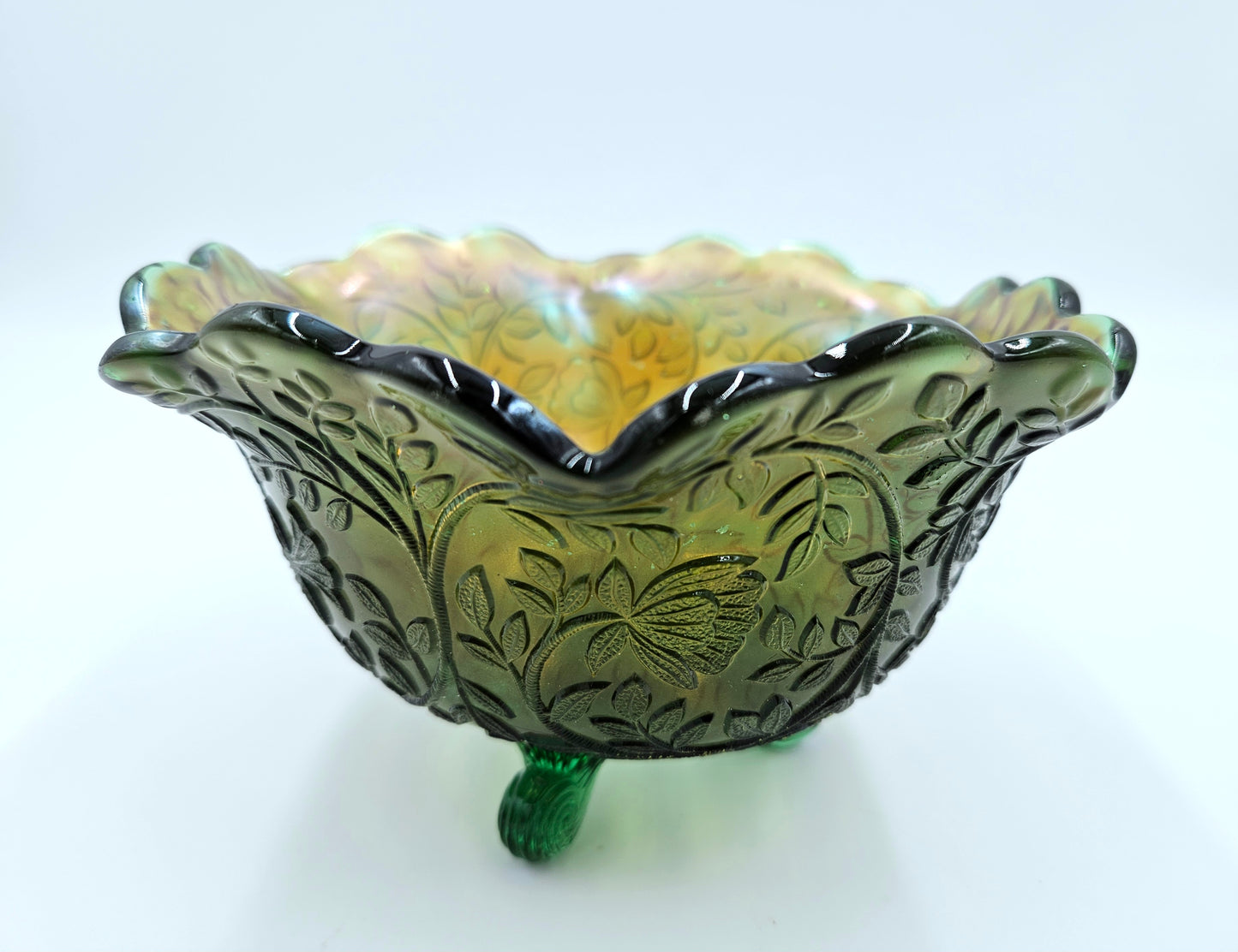 Vintage / Antique Green Carnival Glass Footed Bowl Vine And Leaf Design