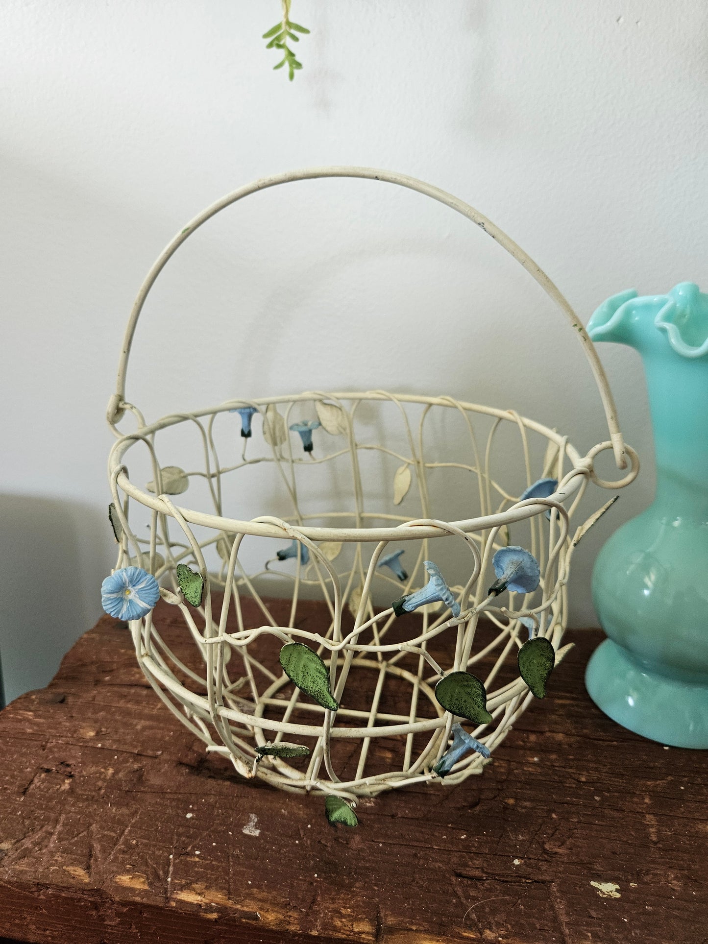 Vintage Wire Metal Basket With Bell Flowers And Handle