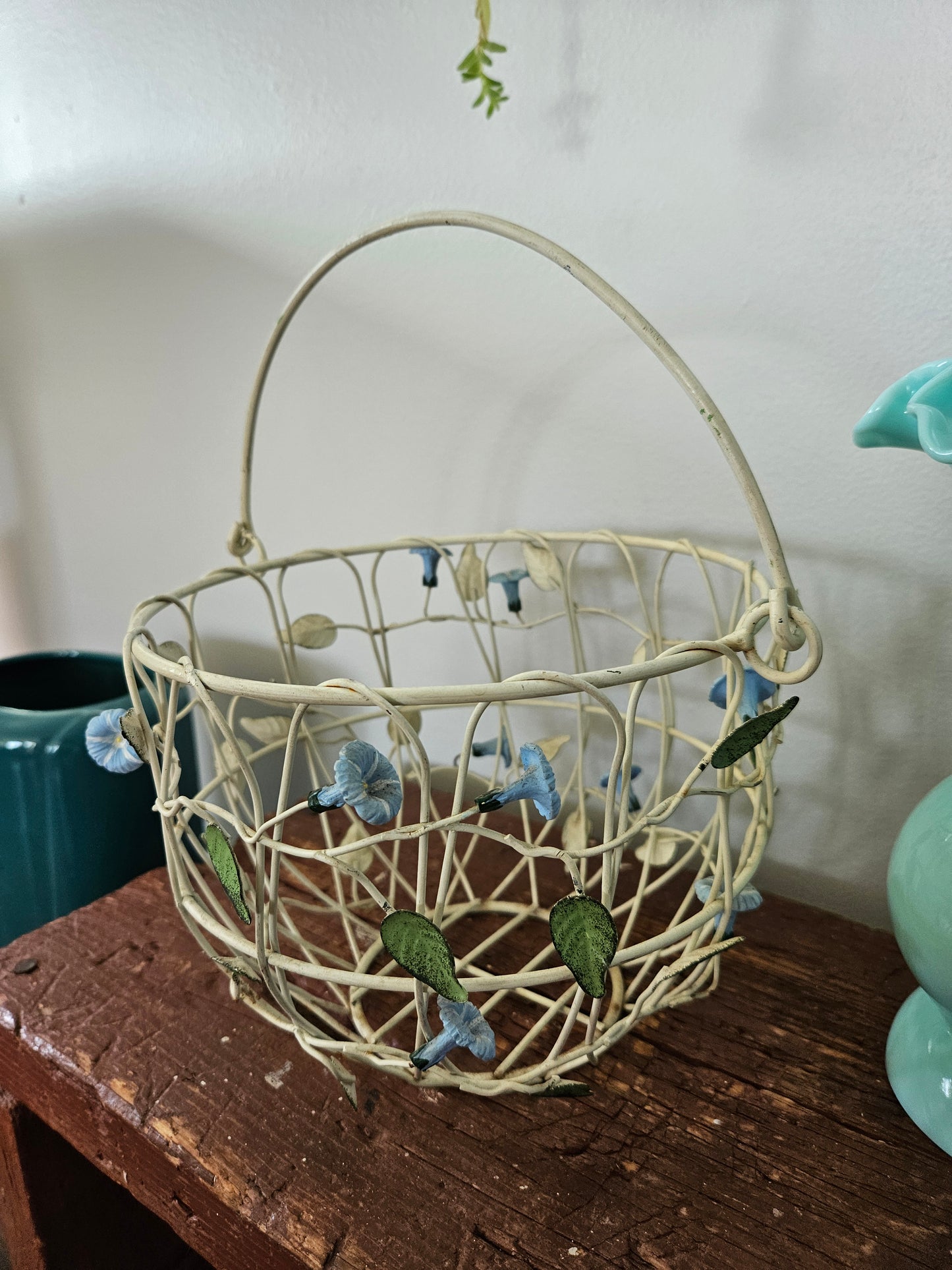 Vintage Wire Metal Basket With Bell Flowers And Handle