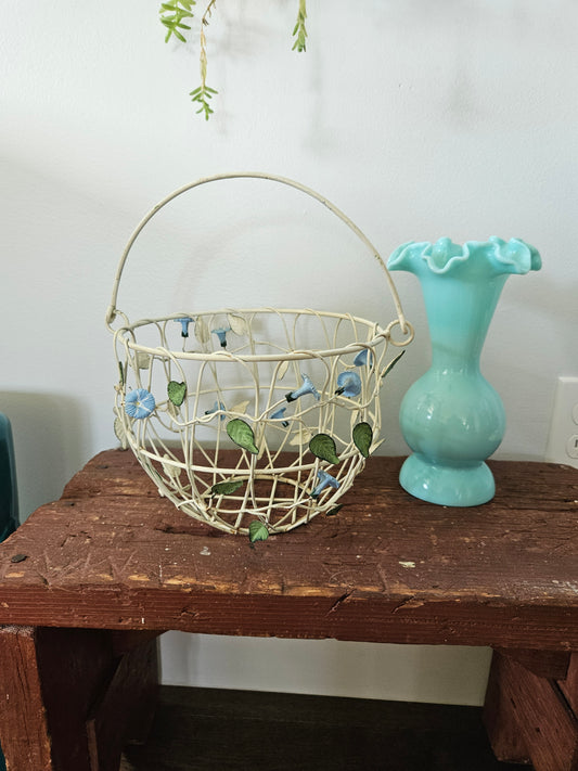 Vintage Wire Metal Basket With Bell Flowers And Handle