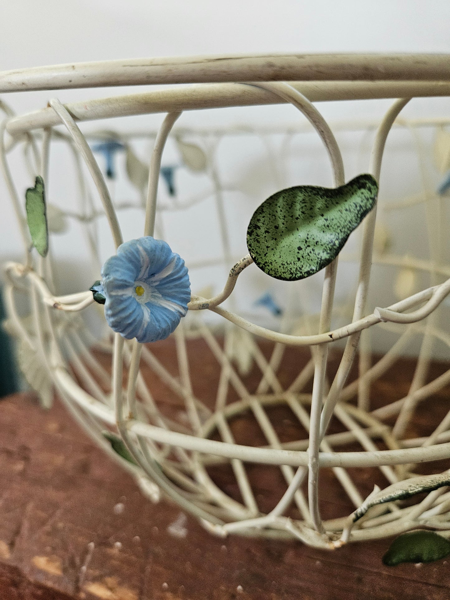 Vintage Wire Metal Basket With Bell Flowers And Handle