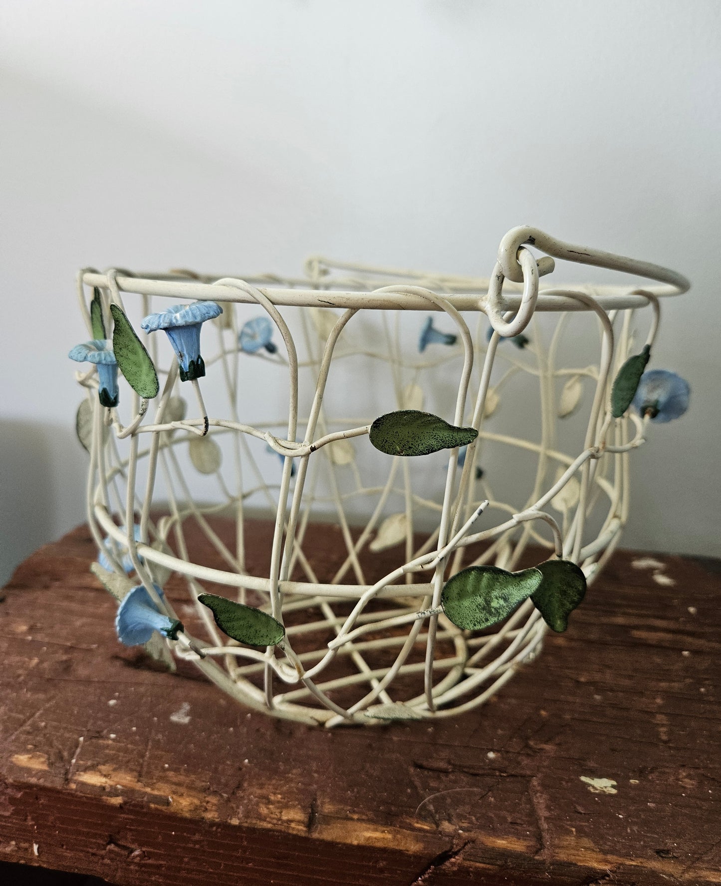 Vintage Wire Metal Basket With Bell Flowers And Handle