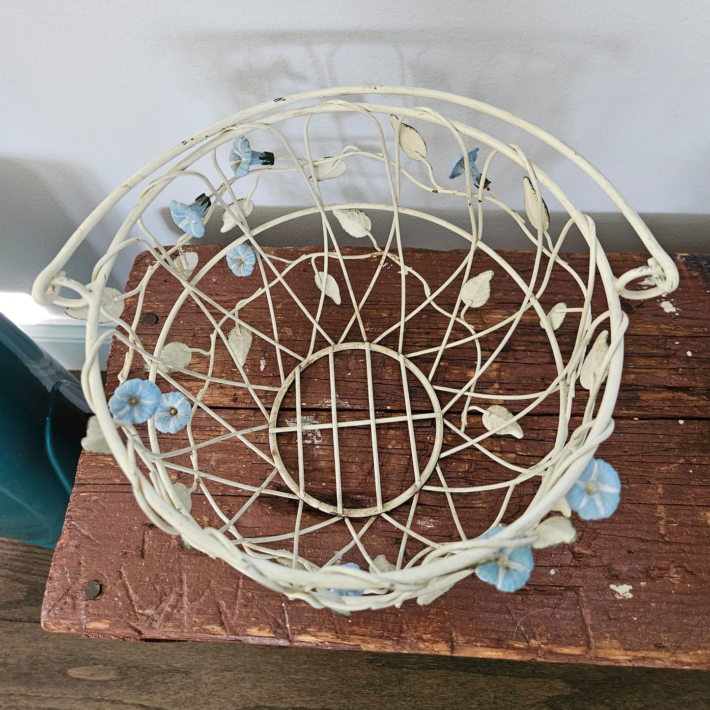 Vintage Wire Metal Basket With Bell Flowers And Handle