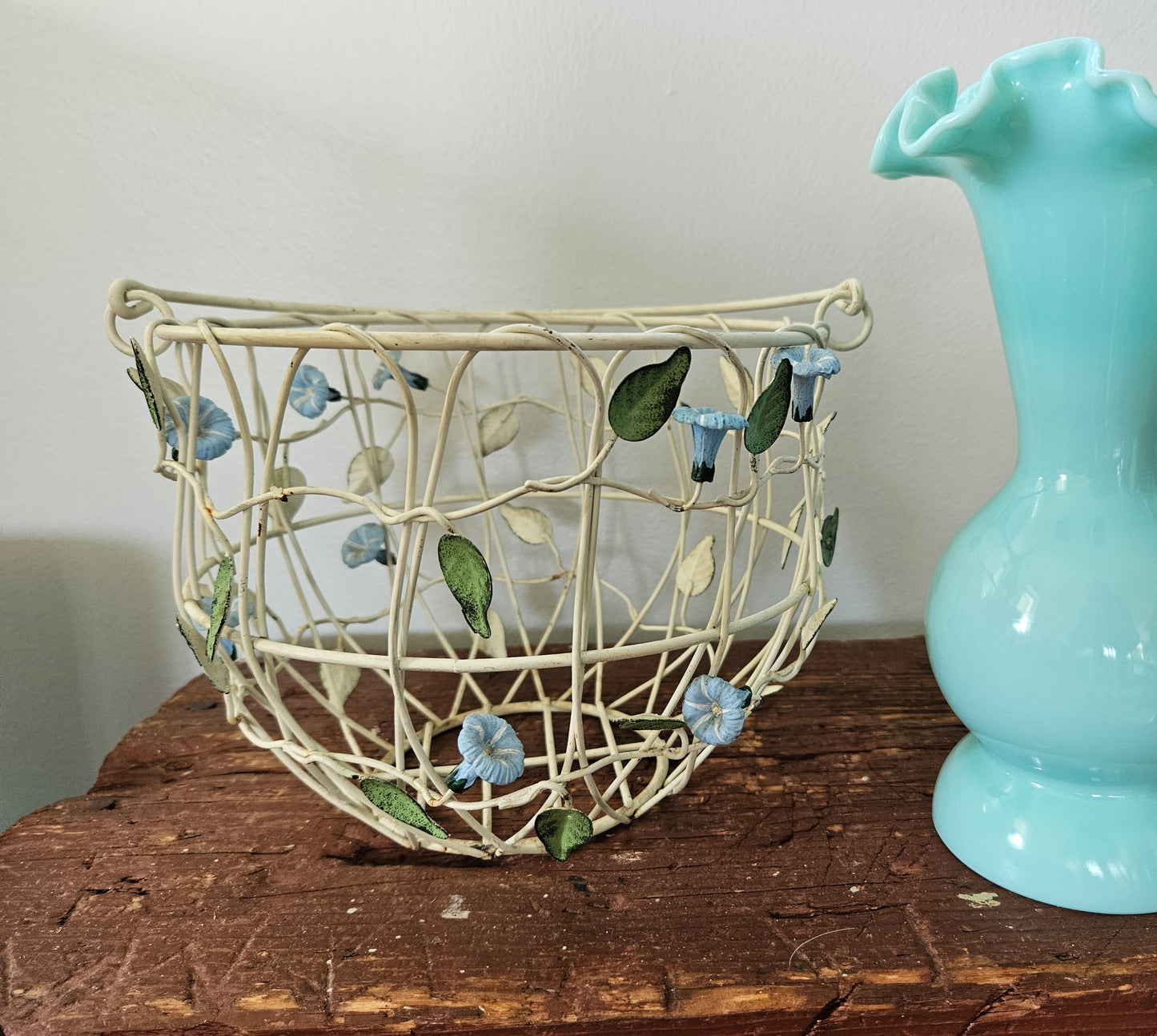 Vintage Wire Metal Basket With Bell Flowers And Handle