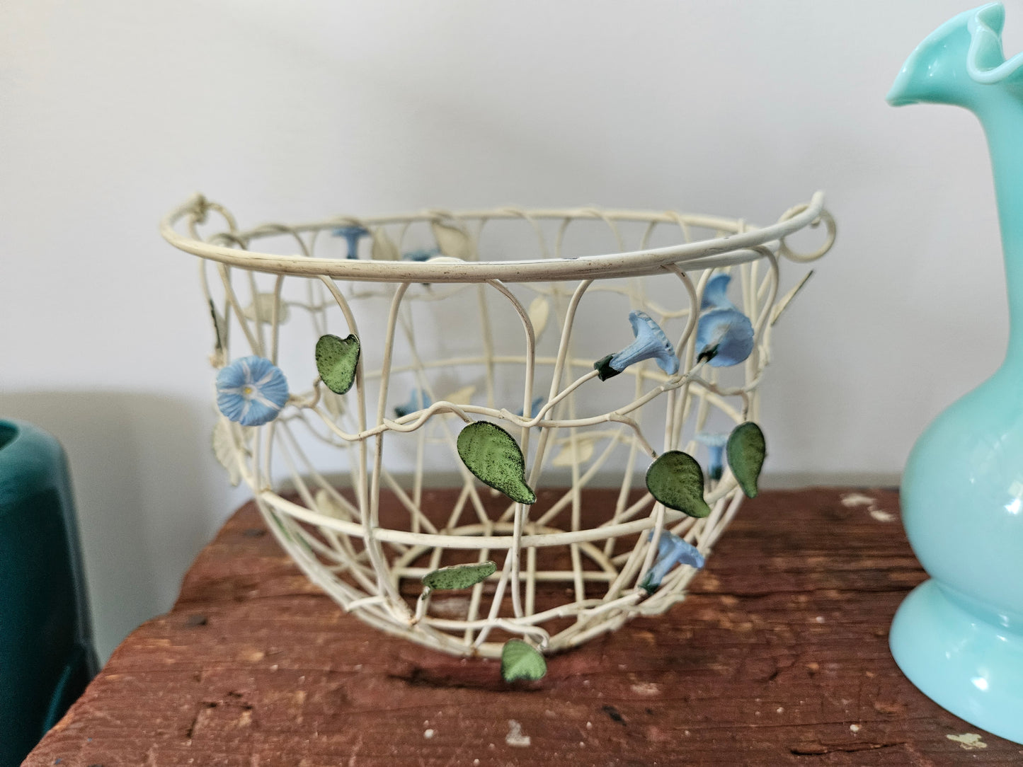 Vintage Wire Metal Basket With Bell Flowers And Handle