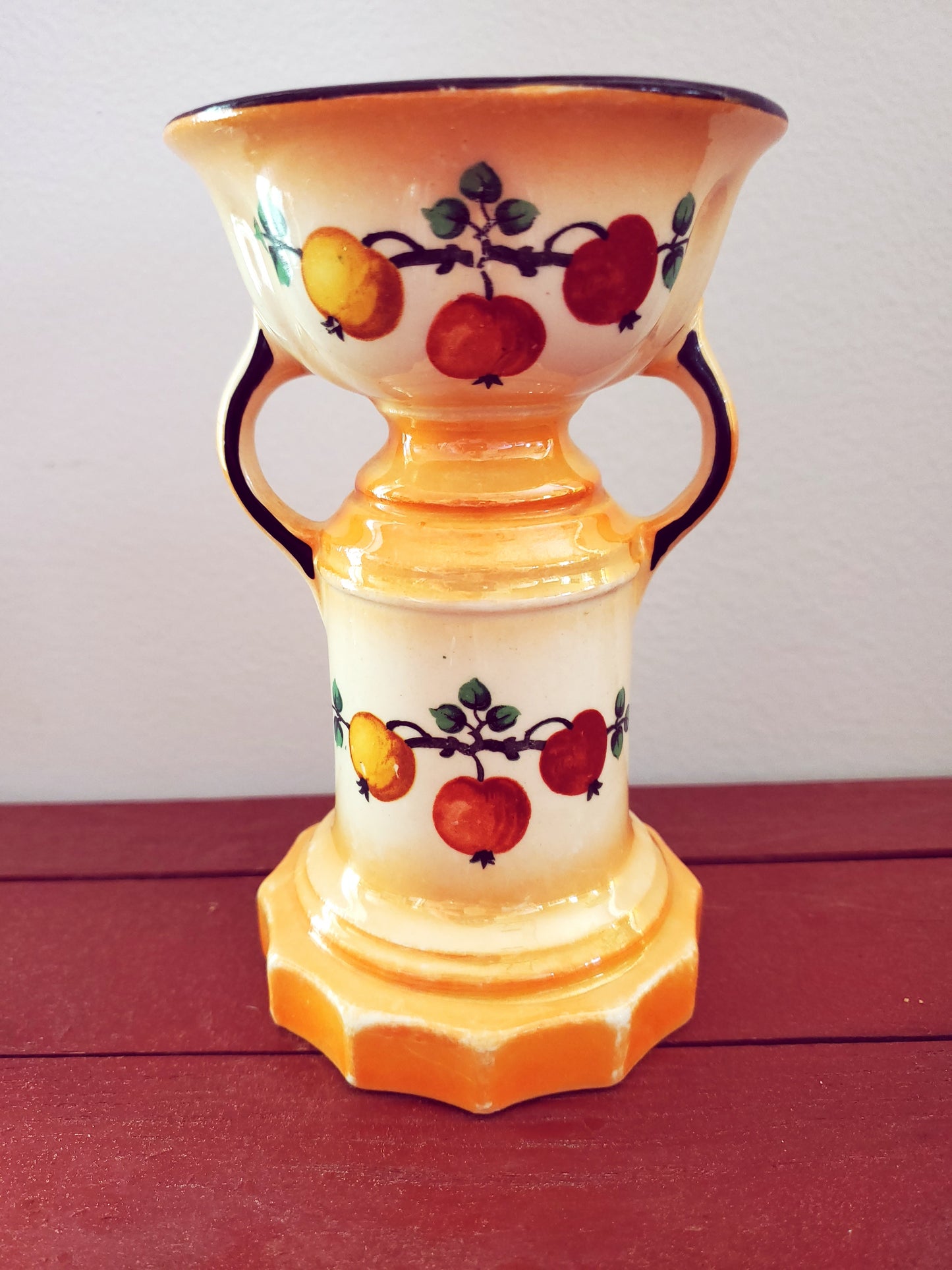 Vintage Czechoslovakia Lusterware Pottery Vase Two Handles Fruit Motif Art Deco