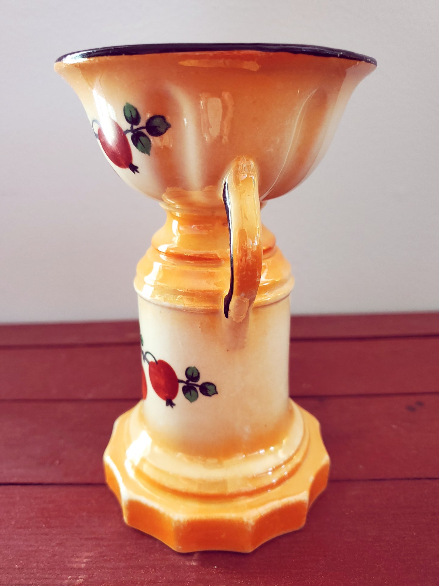 Vintage Czechoslovakia Lusterware Pottery Vase Two Handles Fruit Motif Art Deco