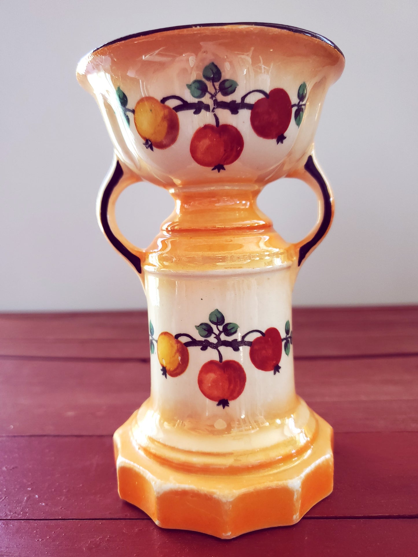 Vintage Czechoslovakia Lusterware Pottery Vase Two Handles Fruit Motif Art Deco